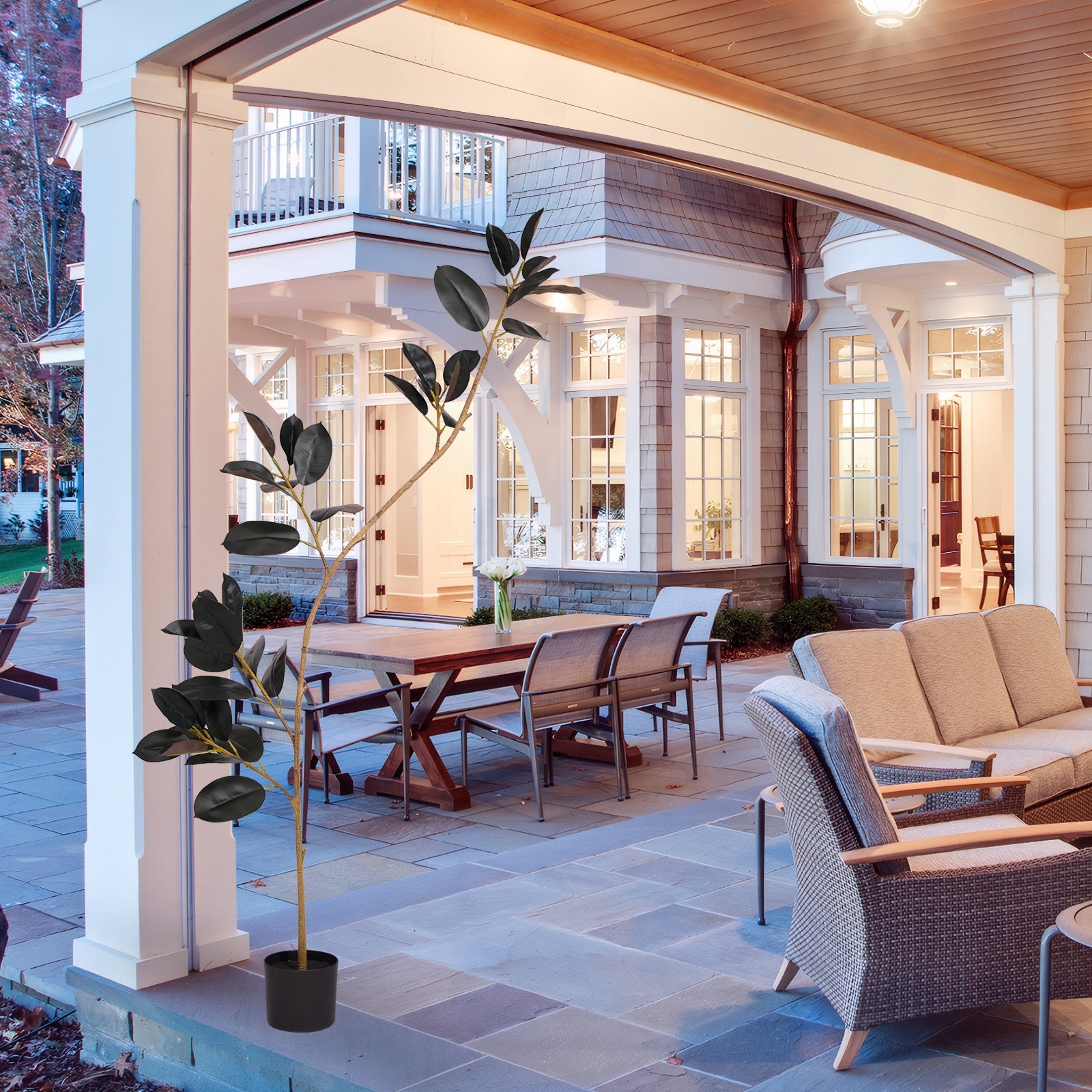 Artificial Rubber Plant on a Front Porch – Stylish Entryway Decoration