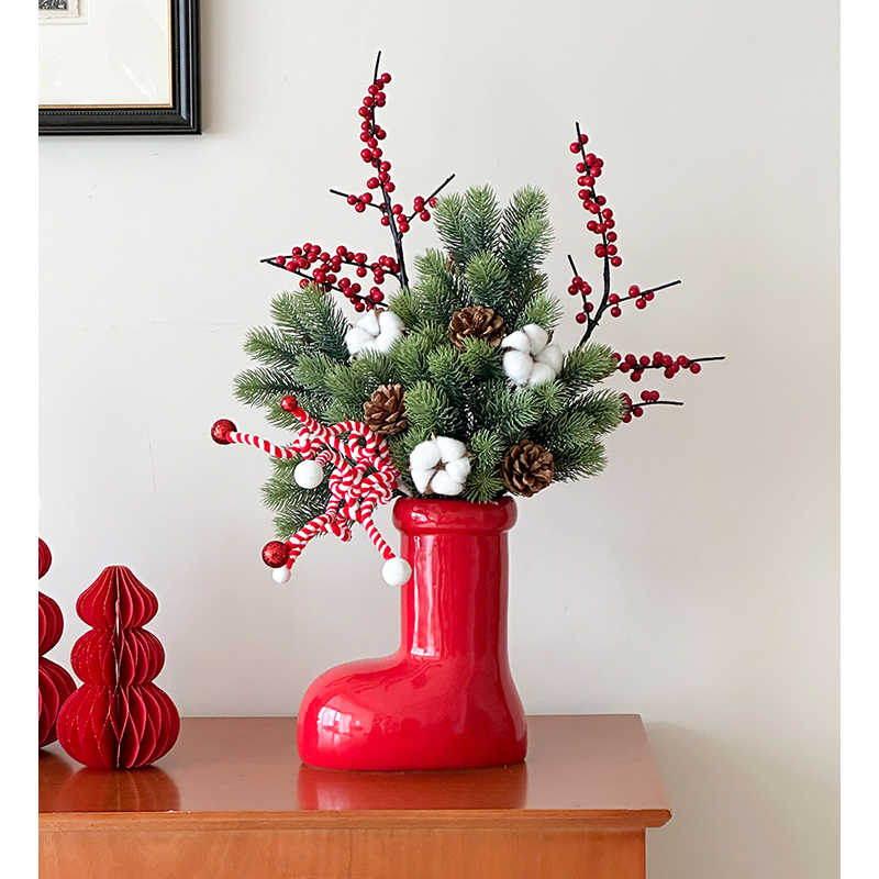 Christmas Sock Vase with Festive Bouquet – Cotton, Pine Cones &amp; Christmas Branched