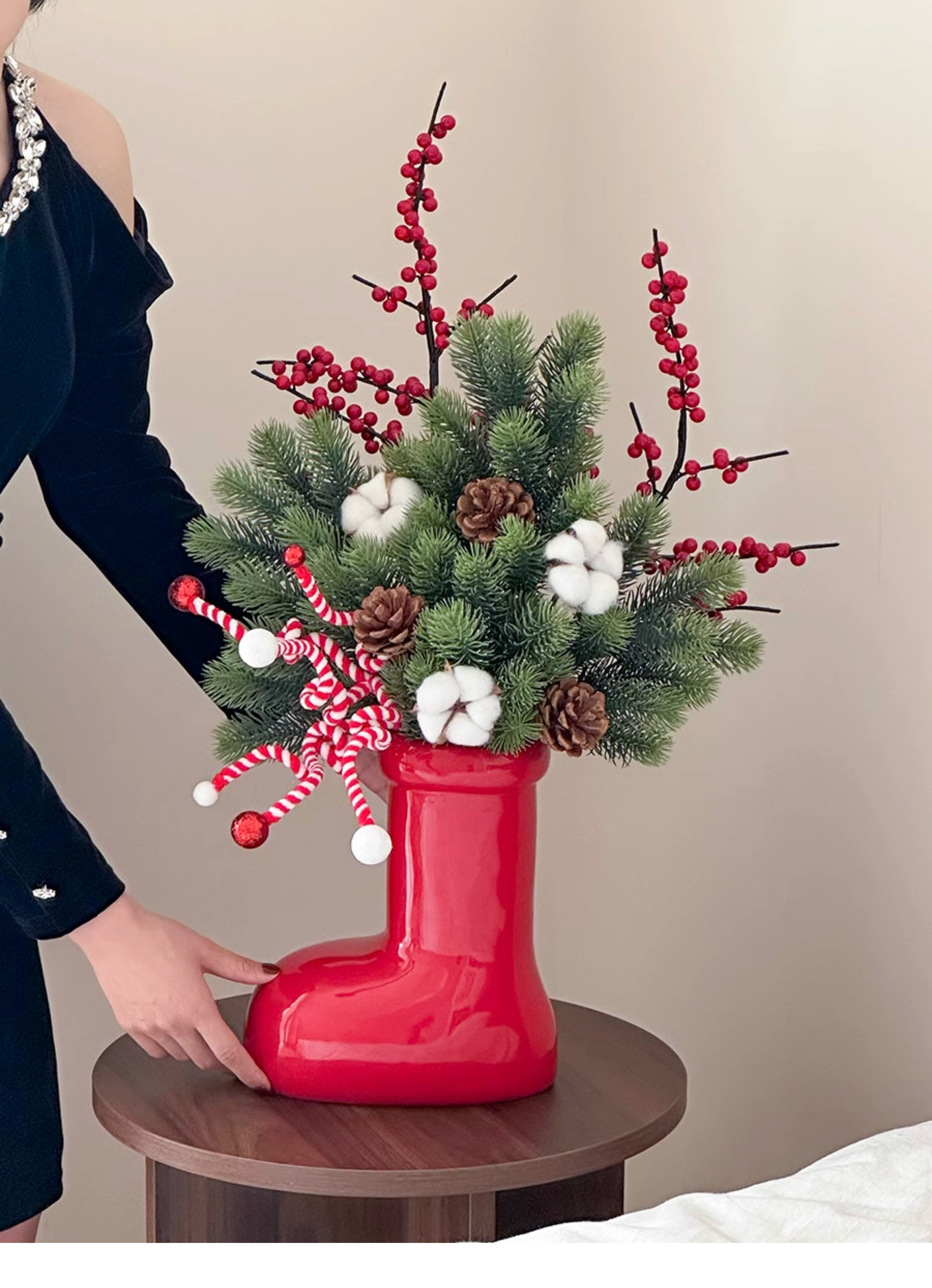 Christmas Sock Vase with Festive Bouquet – Cotton, Pine Cones &amp; Christmas Branched