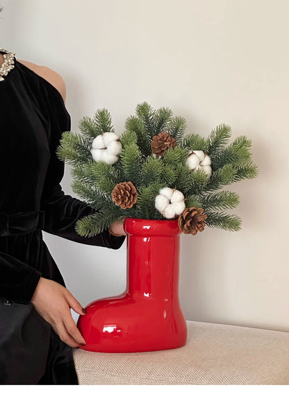 Christmas Sock Vase with Festive Bouquet – Cotton, Pine Cones &amp; Christmas Branched